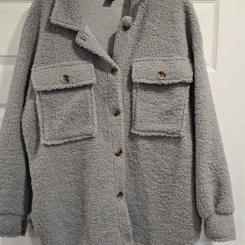 SHEIN Shacket Sherpa Fleece Button Down Pockets Grey Women's Medium Oversized